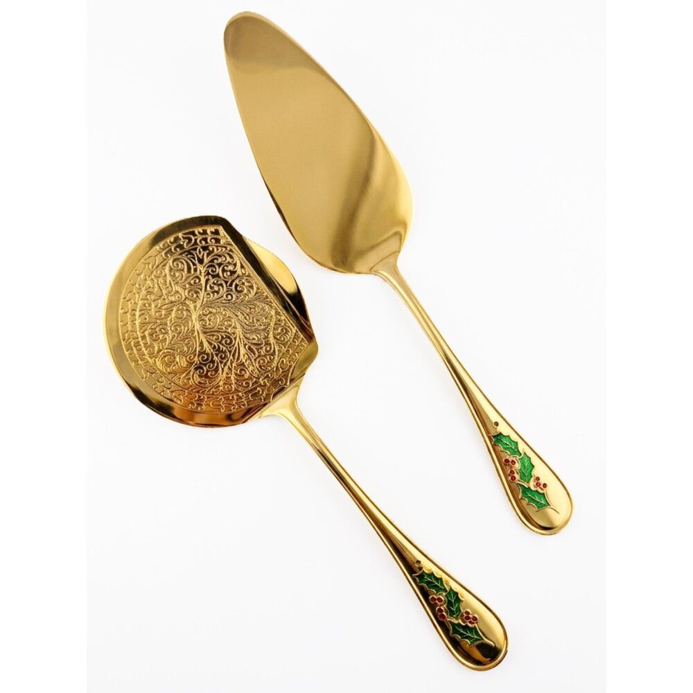 Vintage Retroneu Hollyday Gold Electroplate Holly Enamel Serving Pieces (2)